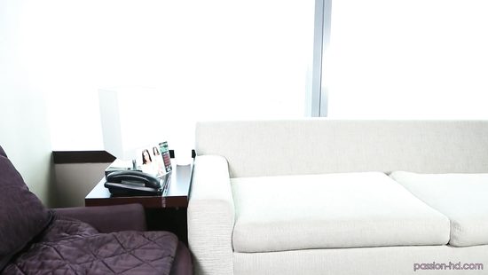 Elegant brunette banged on cozy sofa