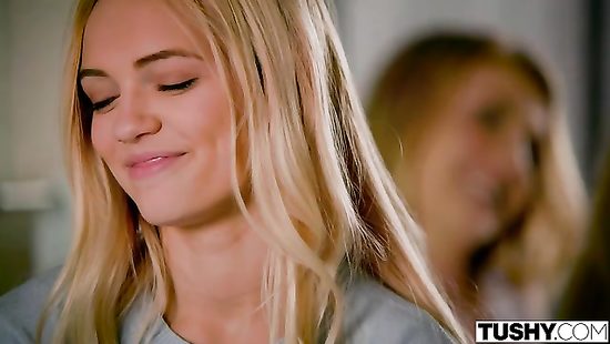 Bald dude banging hot blondes in a steamy FFM