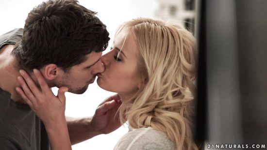 Blonde roughly banged at the stairway