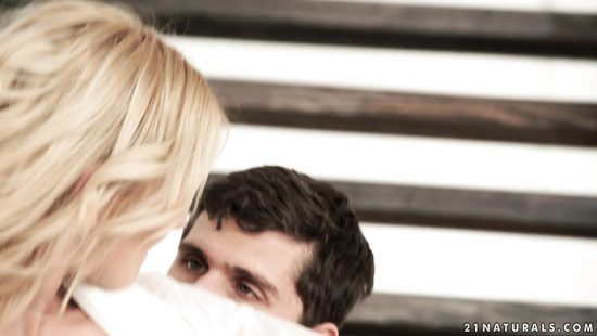 Blonde roughly banged at the stairway