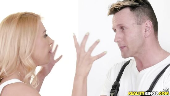 Blonde spreads her legs on the ladder for easy penetration