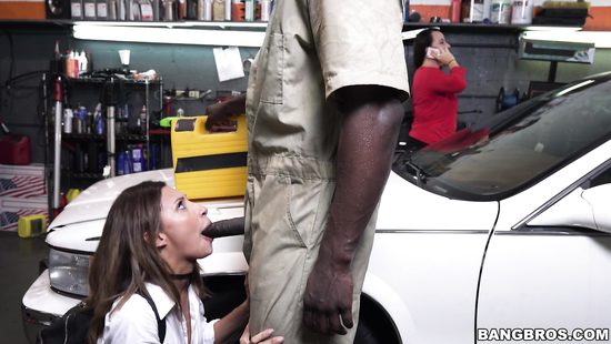 Lustful babe in miniskirt fucks mechanic's BBC