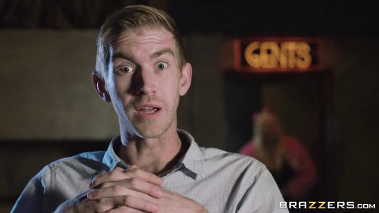 Nerdy dude fascinated by girl's alluring boobs