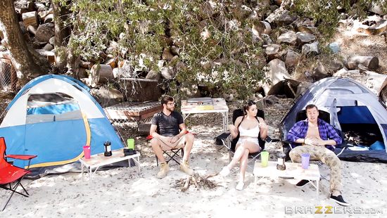 Salacious bimbos fucked in an FFM during camping