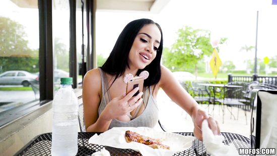 Sassy brunette's big melons shake as she rides cock