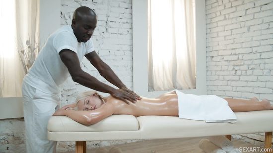 Black masseur penetrates blonde girl