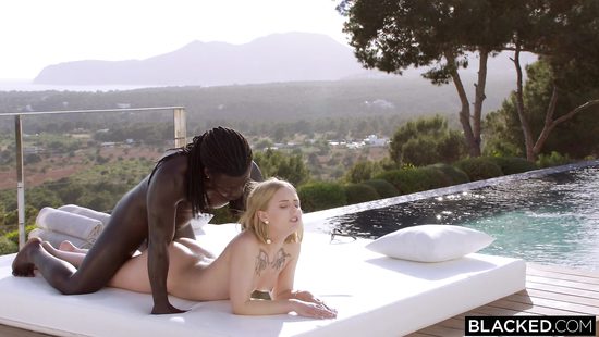 Black cock penetrates blonde outside