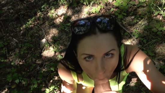 Brunette rides cock in woods