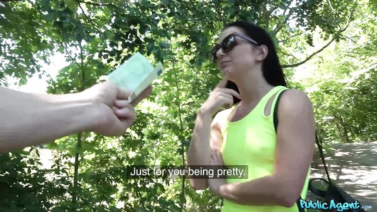 Brunette rides cock in woods