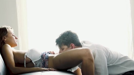 Busty babe banged on couch