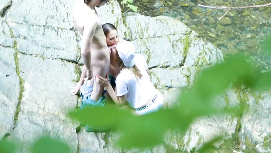 Girls are giving blowjob outdoors