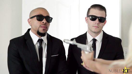 Blonde abducts men in black to a threesome