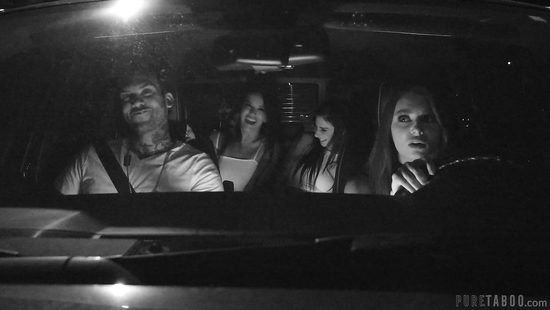 Three chicks scrambling to please fella's massive wang