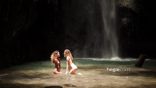 Romantic lesbian couple in a steamy outdoor action