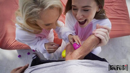 Appealing chicks share huge dick together