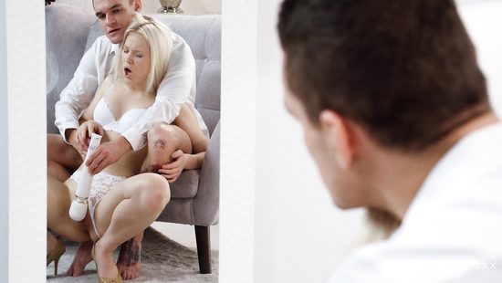 Petite blonde with small tits, couch porn