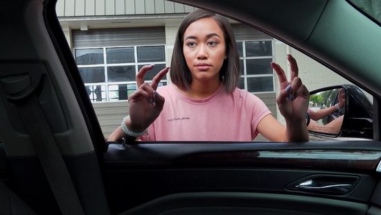 Hitchhiker dame smashed in the car for a ride