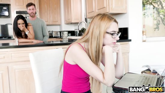 Horny couple fucking with unaware blonde in the same room