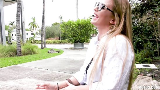 Blonde in glasses riding cock outdoors