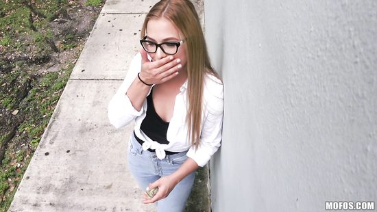 Blonde in glasses riding cock outdoors