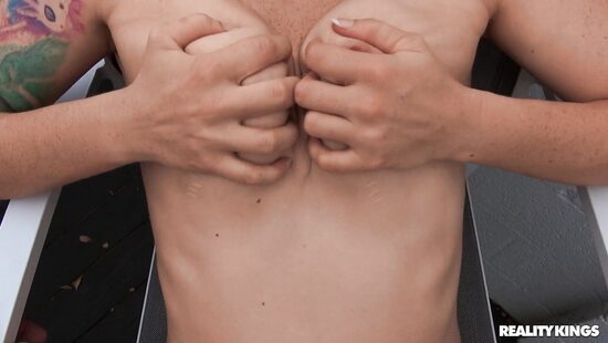 Inked redhead swallows cum in POV