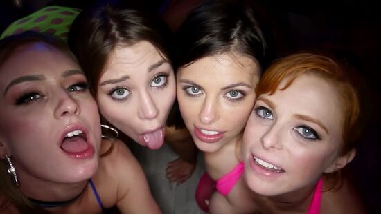 Naughty coeds share cock in a group