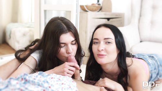 Slutty gals share a hard penis