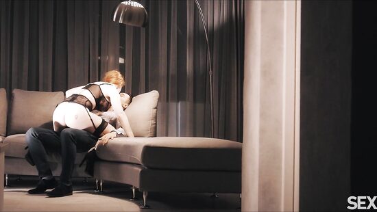 Redhead girl rides hard pecker