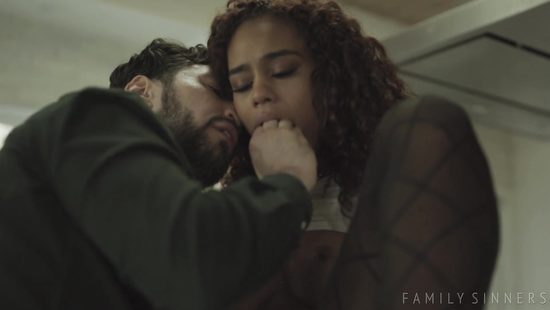 Ebony chick rides white dick