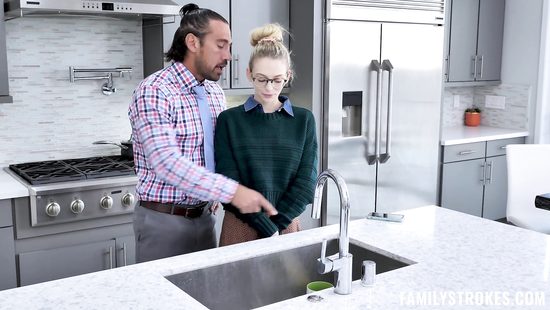 Nerdy blonde fucks in kitchen