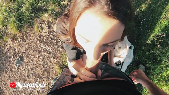 Girlfriend throats cock in the woods