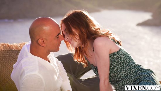 Redhead fucked by a bald dude on the river bank