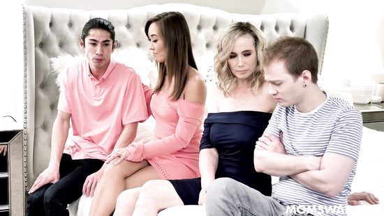 Stepsons share pussies of their horny stepmoms