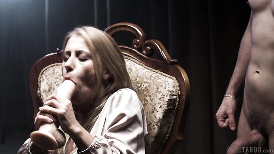 Blonde sucks dildo during sex