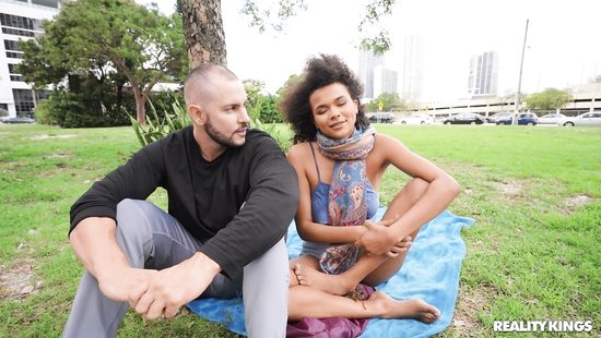 Ebony chick fucks on stairs