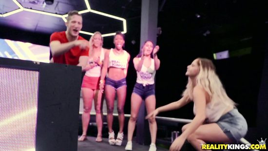 Kinky babes sharing dude in a club