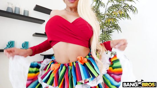 Blonde guiding gigantic white cock in her twat