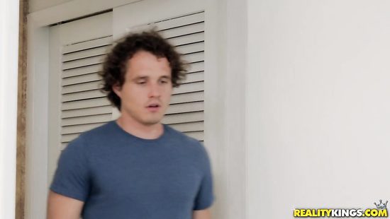 Blonde and brunette share cock at home