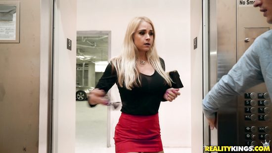 Lucky dude stuck in elevator with a horny babe