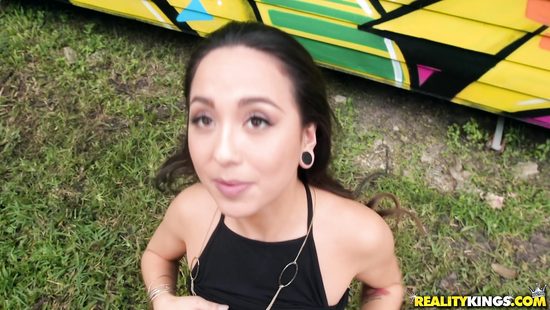 Raunchy brunette giving blowjob and cock ride outdoors