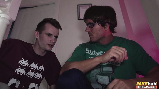 Chubby lesbian goes nasty with guys in a threesome scene