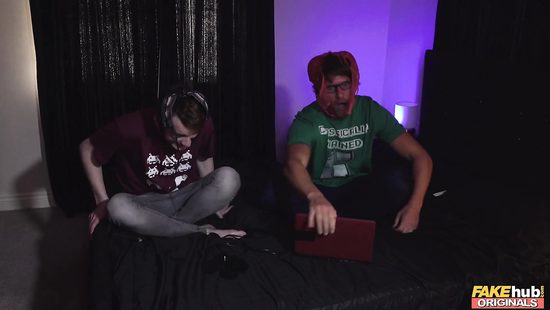 Chubby lesbian goes nasty with guys in a threesome scene