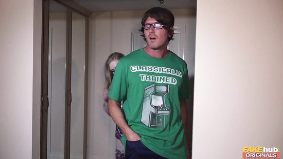 Chubby lesbian goes nasty with guys in a threesome scene