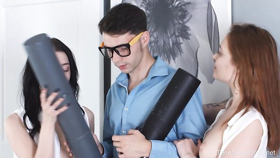 Nerdy guy joins his lesbian girlfiends for threesome sex