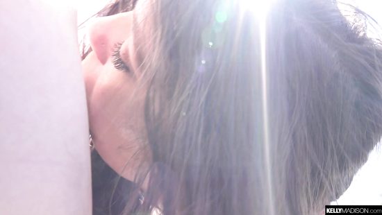 Brunette in bikini gets throat fucked and twat creampied