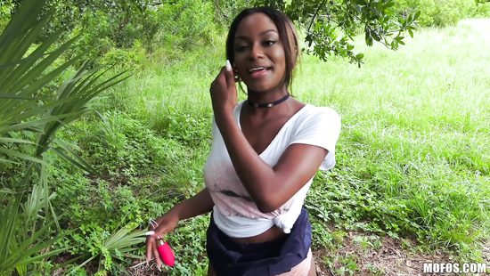 Ebony chick gets her black shaved pussy pounded