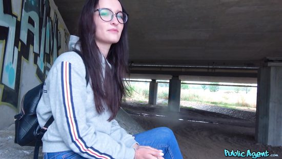 Pretty teen with glasses fucked by some dude outdoors