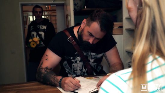 Bitchy girls wank and suck cock in a hostel