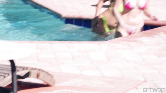 Two sweeties in bikini enjoy FFM sex on the poolside