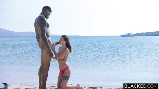 Liya Silver seduces a big ebony hunk on the seashore